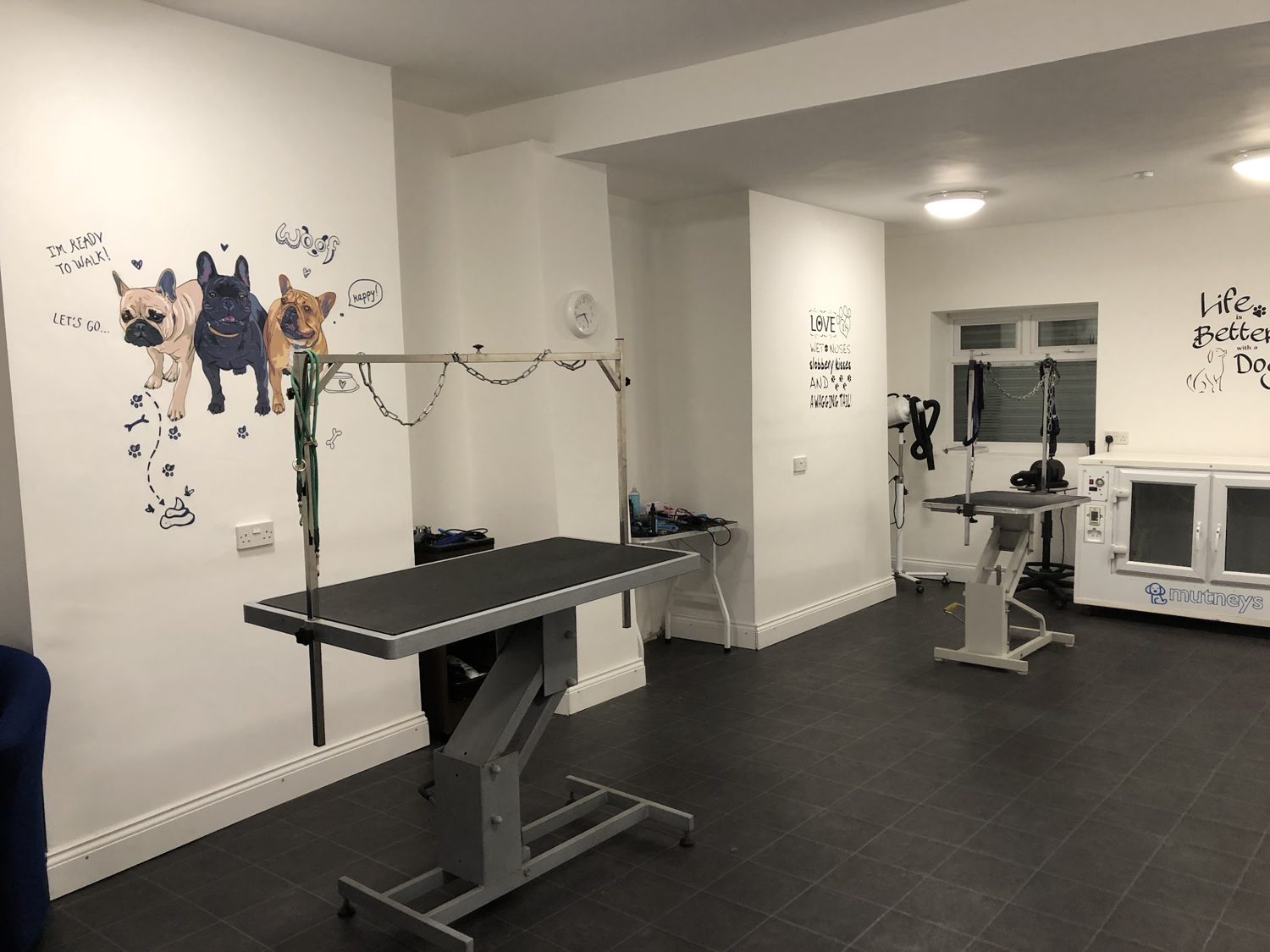 The salon inside: white walls, two grooming tables and dog wall decals